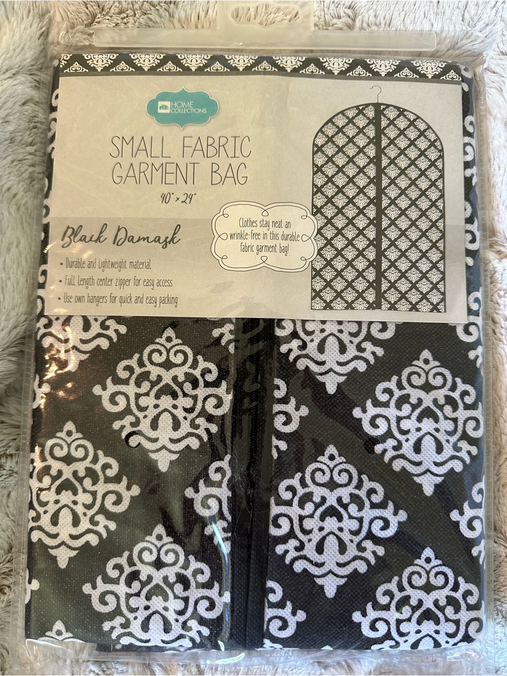 NWT Home Collections Small Fabric Garment Bag 40"x24" Black Damask